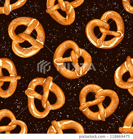 A vector seamless pattern featuring traditional german pretzels on a dark background, perfect for festive designs and Oktoberfest celebrations A vector seamless pattern featuring traditional german pretzels on a dark background, perfect for festive designs and Oktoberfest celebrations 118669475