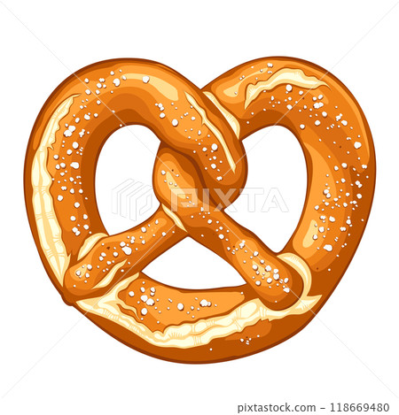Vector illustration of a classic salted pretzel isolated on white background. Hand drawn design element for Oktoberfest 118669480