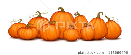 Rope pumpkins with stems realistic color objects composition 118669496