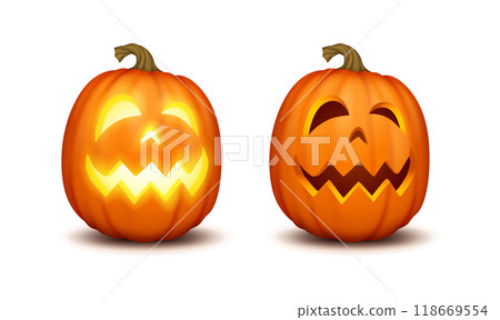Jack-o-lanterns with sharp teeth realistic color icons set Jack-o-lanterns with sharp teeth realistic color icons set 118669554