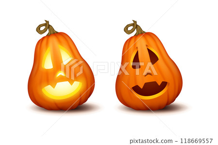 Halloween pumpkins with surprised face realistic icons set Halloween pumpkins with surprised face realistic icons set 118669557