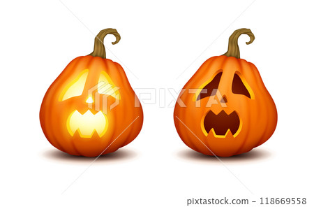 Scared glowing and dark jack o lanterns realistic icons set 118669558