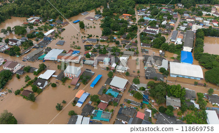 Aerial view of suburb area in Chiang Rai downtown flooding by Kok river after typhoon Yagi has swept Southeast Asia. 118669758