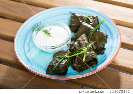 Stuffed grape leaves with assorted fillings Stuffed grape leaves with assorted fillings 118670392