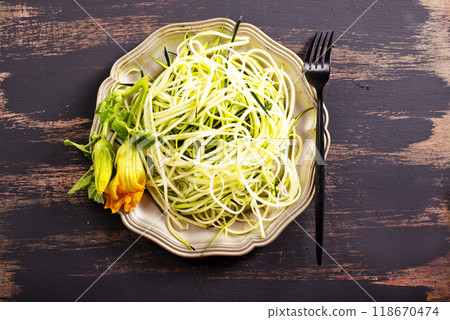 Close-Up of Fresh Zucchini Noodles on metal plate Close-Up of Fresh Zucchini Noodles on metal plate 118670474