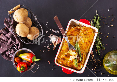 Potato gratin - graten (baked potatoes with cream and cheese) . Potato gratin - graten (baked potatoes with cream and cheese) . 118670500