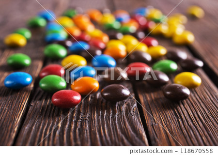 color candy on wooden board 118670558