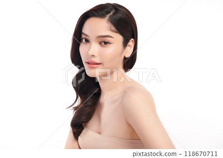 Beautiful young asian woman with clean fresh skin on white background, Face care, Facial treatment, Cosmetology, beauty and spa, Asian women portrait. 118670711