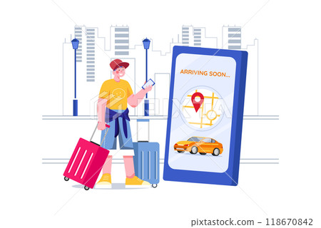 Tourist with a suitcase using a mobile ride-hailing app to order a car, the location is shown on the screen of the phone Tourist with a suitcase using a mobile ride-hailing app to order a car, the location is shown on the screen of the phone 118670842