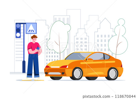 A man with a smartphone standing near the car 118670844
