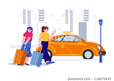 Women are dragging their luggage in a smartphone standing near the car. 118670845