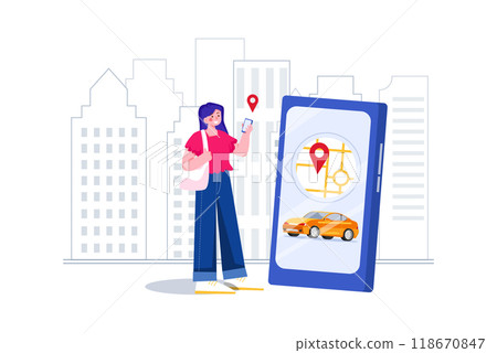 Women holding a phone with location mark of a smart electric car in the modern city skyline 118670847