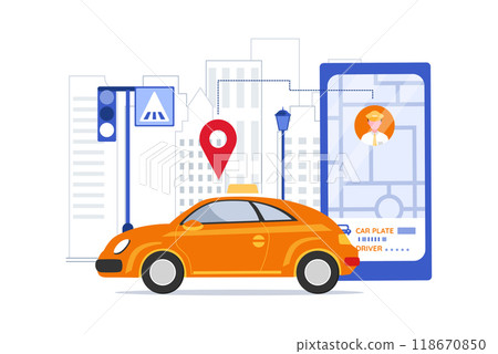 Online mobile taxi service app. Taxi in mobile and navigation or location city map Online mobile taxi service app. Taxi in mobile and navigation or location city map 118670850