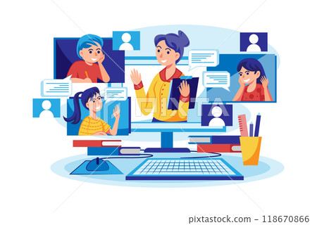 Students learn and discuss with an online teacher. Students learn and discuss with an online teacher. 118670866