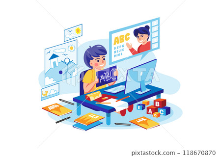 Kids studying at home via the internet Kids studying at home via the internet 118670870