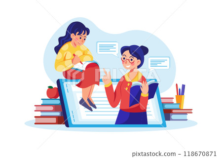 Student woman on top of phone and teacher at the notebook Student woman on top of phone and teacher at the notebook 118670871