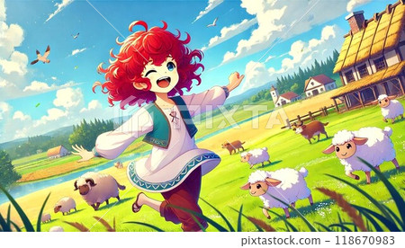 Smiling little girl playing with sheep on the farm 118670983