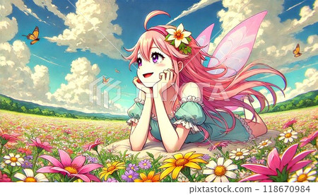 A dreaming fairy watching butterflies in a flower field A dreaming fairy watching butterflies in a flower field 118670984
