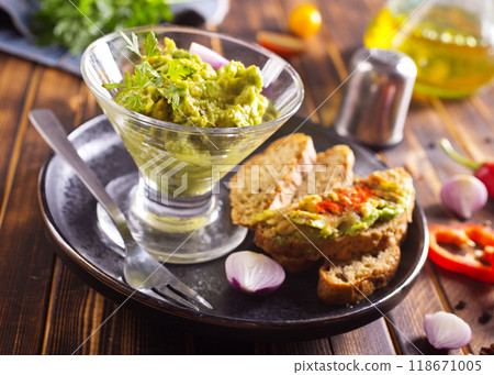 Traditional latinamerican mexican sauce guacamole in bowl Traditional latinamerican mexican sauce guacamole in bowl 118671005