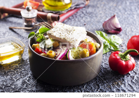 Greek salad with tomatoes, feta cheese, cucumbers, onions and olives Greek salad with tomatoes, feta cheese, cucumbers, onions and olives 118671294