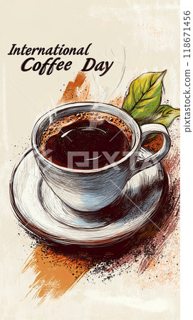 International Coffee Day text with a beautifully illustrated coffee cup and nature elements International Coffee Day text with a beautifully illustrated coffee cup and nature elements 118671456