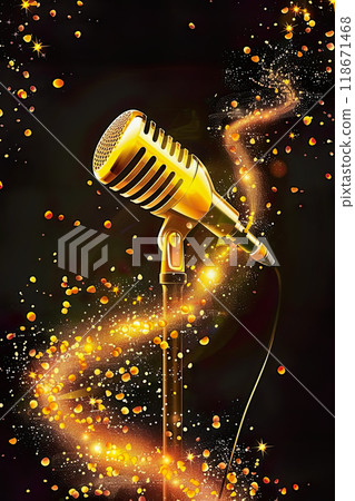 poster promoting karaoke night with a sparkling microphone and dynamic background 118671468