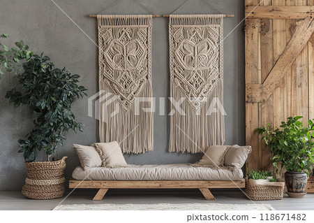 Boho macrame wall hangings enhance indoor decor in a cozy living space 118671482