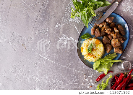homemade fried meat with boiled rice 118671592