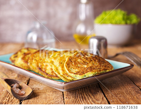 Close up view of vegetable pancakes. 118671638