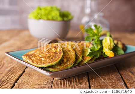 Close up view of vegetable pancakes. 118671640