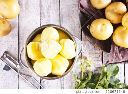 Potatoes. Bowl with young raw potato 118671646