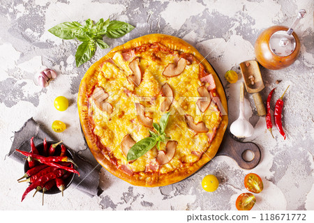 Delicious pizza on light table, top view Delicious pizza on light table, top view 118671772