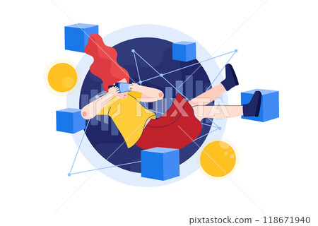 Person with VR headset enjoying an experience of metaverse virtual world Illustration concept 118671940