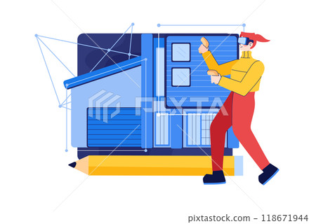 A man in virtual reality glasses designs a building a hologram of a house A man in virtual reality glasses designs a building a hologram of a house 118671944