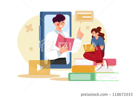 Student woman on top of phone and teacher at notebook Student woman on top of phone and teacher at notebook 118672033