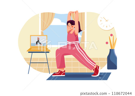 Girl doing exercises under the guidance of online teachers. 118672044