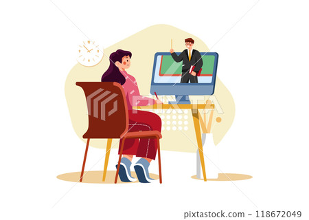 Girl student watching a virtual class on computer Girl student watching a virtual class on computer 118672049