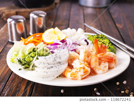 Shrimp poke bowl with avocado, cucumbers and rice, diet food 118672241