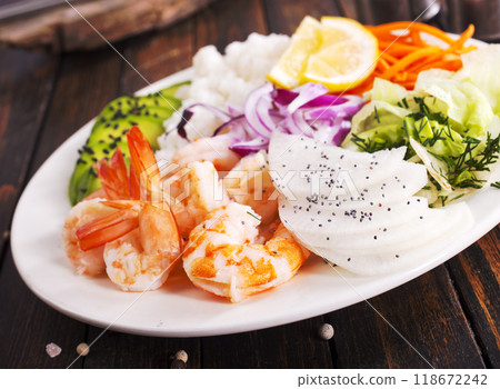 Shrimp poke bowl with avocado, cucumbers and rice, diet food 118672242