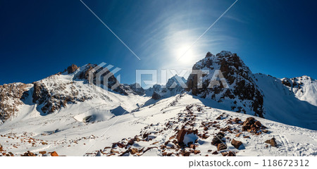 Winter Wonderland: View Towards Bogdanovich Glacier in Kazakhstan's National Park Near Almaty. 118672312