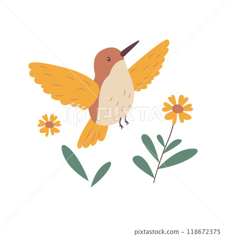Cute Hummingbird Colibri Bird Flying with Flower Floral in Nature Park 118672375