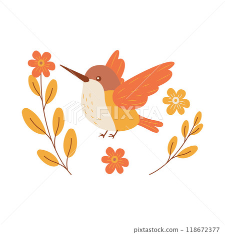 Cute Hummingbird Colibri Bird Flying with Flower Floral in Nature Park 118672377
