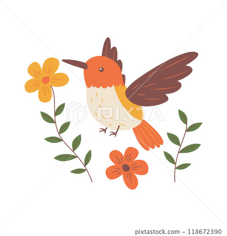 Cute Hummingbird Colibri Bird Flying with Flower Floral in Nature Park Cute Hummingbird Colibri Bird Flying with Flower Floral in Nature Park 118672390