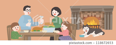 Vector illustration banner of a family gathering around Christmas dinner Vector illustration banner of a family gathering around Christmas dinner 118672653