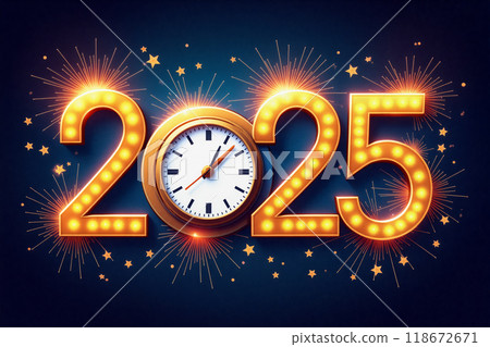 Festive countdown to the New Year 2025 with bright lights and fireworks illuminating the night sky 118672671