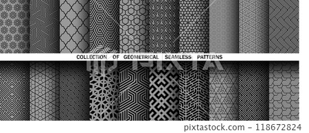 Geometric set of seamless black and gray patterns. Simple vector graphics 118672824