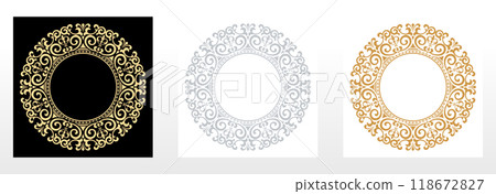Set of decorative frames Elegant vector element for design in Eastern style, place for text. Floral black. golden and gray borders. Lace illustration for invitations and greeting cards Set of decorative frames Elegant vector element for design in Eastern style, place for text. Floral black. golden and gray borders. Lace illustration for invitations and greeting cards 118672827