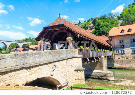 Berne Bridge (Pont de Berne) across the Sarine river in the lower town of Fribourg, Switzerland 118672872