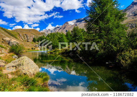 View of Grindji Lake (Grindjisee) and Swiss Alps at summer on Five-lake trail in Zermatt, Switzerland View of Grindji Lake (Grindjisee) and Swiss Alps at summer on Five-lake trail in Zermatt, Switzerland 118672882