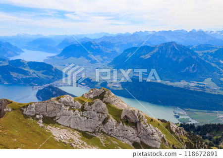 Beautiful panoramic view on Lake Lucerne from Mount Pilatus, Switzerland Beautiful panoramic view on Lake Lucerne from Mount Pilatus, Switzerland 118672891